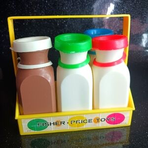 Vintage Fisher-Price 4 Milk Bottles with Caps & Carrier.